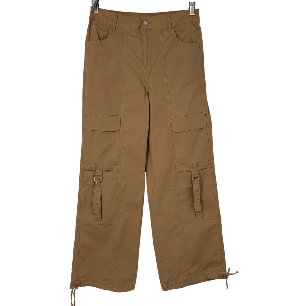 Y2K No Boundaries Womens Tan Cargo Utility Wide Leg Pants D-Ring Cuffs Small 4-6